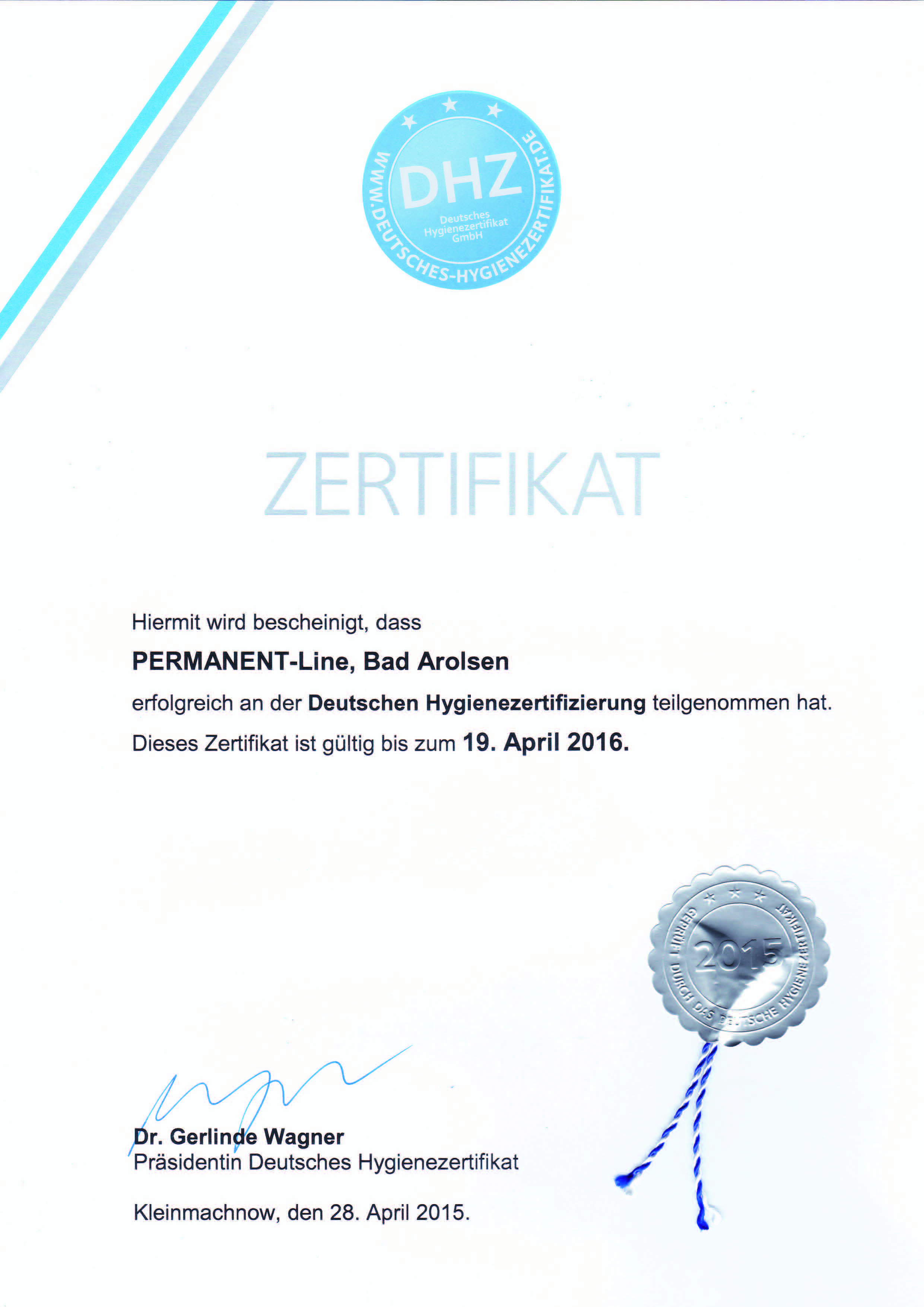 Zertifikat Hygiene PERMANENT-Line